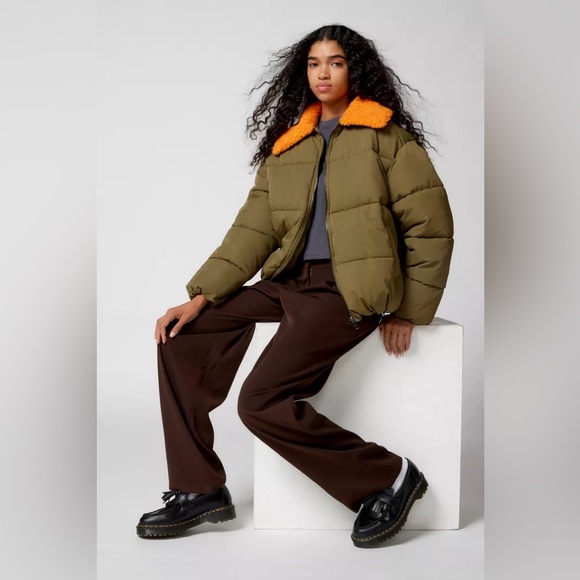 New Urban Outfitters Duckie Faux Shearling Collar Puffer Jacket- Army Green - Picture 7 of 7